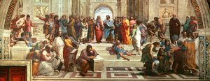 ”Skolen i Athen” n, vægmaleri af Rafael i Stanza della Segnatura i Vatikanet, udført 1509-10.